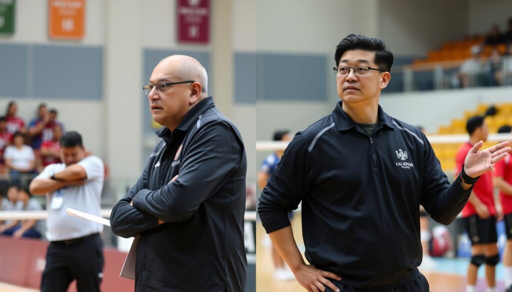 Entrenadores de Cuba y China durante el partido de voleibol masculino en la VNL 2025