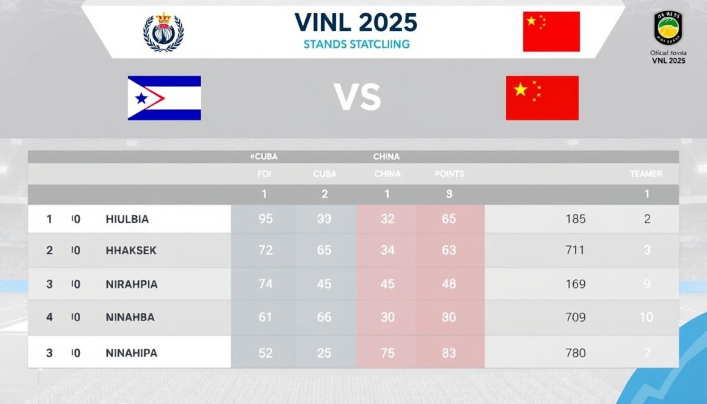 Tabla de posiciones de la VNL 2025 tras el partido Cuba vs China voleibol masculino